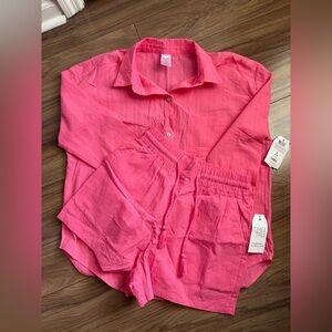 Set of 2-Button-Up Shirt & Drawstring Shorts Set-Pink & Lime Green